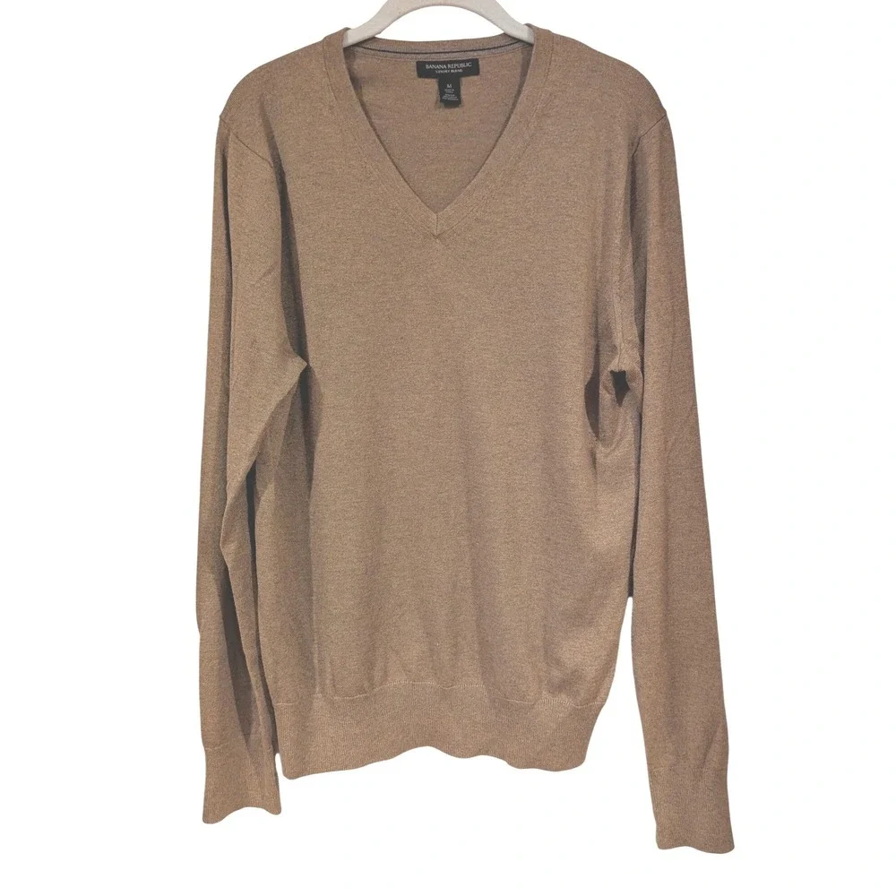 Banana Republic V-Neck Sweater M Brown Silk Cashmere Luxury Blend Pullover